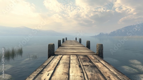 Serene Wooden Pier Over Tranquil Lake Waters Under a Clear Sky