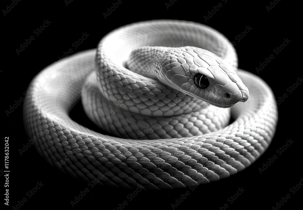 Fototapeta premium Captivating Black and White Portrait of a Coiled Snake Showcasing Intricate Scale Patterns and Expressive Features on a Dark Background