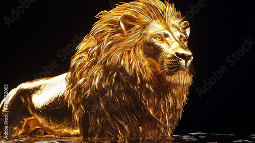 finance, A majestic lion, made of pure gold, stands tall and proud in the water, its mane flowing gracefully against a black background. photo