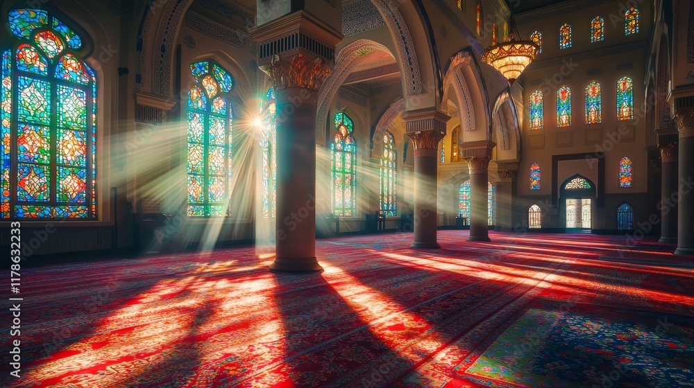Obraz premium Golden sunlight streaming through mosque windows during Ramadan