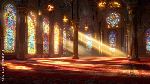 Golden sunlight streaming through mosque windows during Ramadan