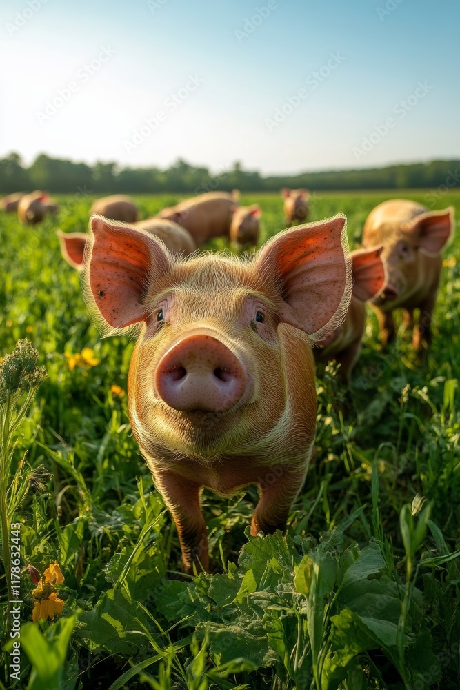 Celebrating National Pig Day with Happy Piglets in a Pastoral Sunrise Farm Scene Celebrating National Pig Day with Happy Piglets in a Pastoral Sunrise Farm Scene