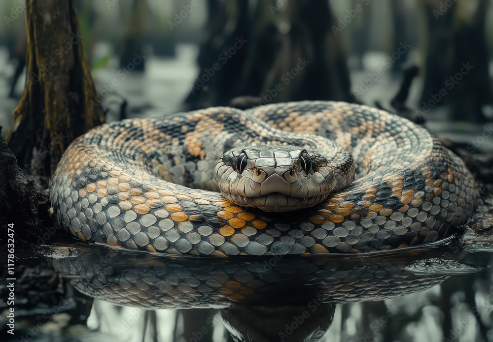Fototapeta premium Captivating Close-Up of a Colorful Python Coiled on Wet Ground Surrounded by Unique Forked Roots and Reflections in a Serene Swamp Environment
