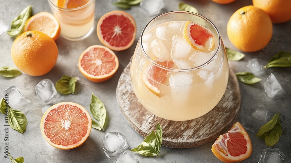 Refreshing grapefruit drink with ice, garnished with basil Refreshing grapefruit drink with ice, garnished with basil