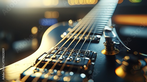 Close-up of a dark electric guitar with strings, bridge, and tuning pegs.
