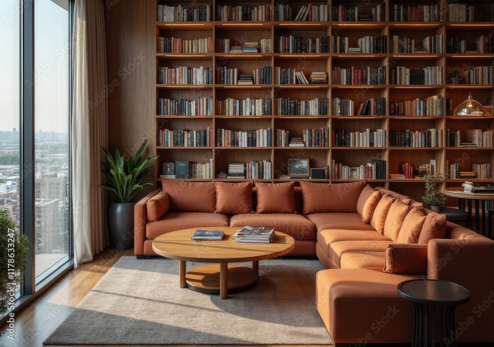 Cozy modern living room with large bookshelf and city view in bright daylight Cozy modern living room with large bookshelf and city view in bright daylight