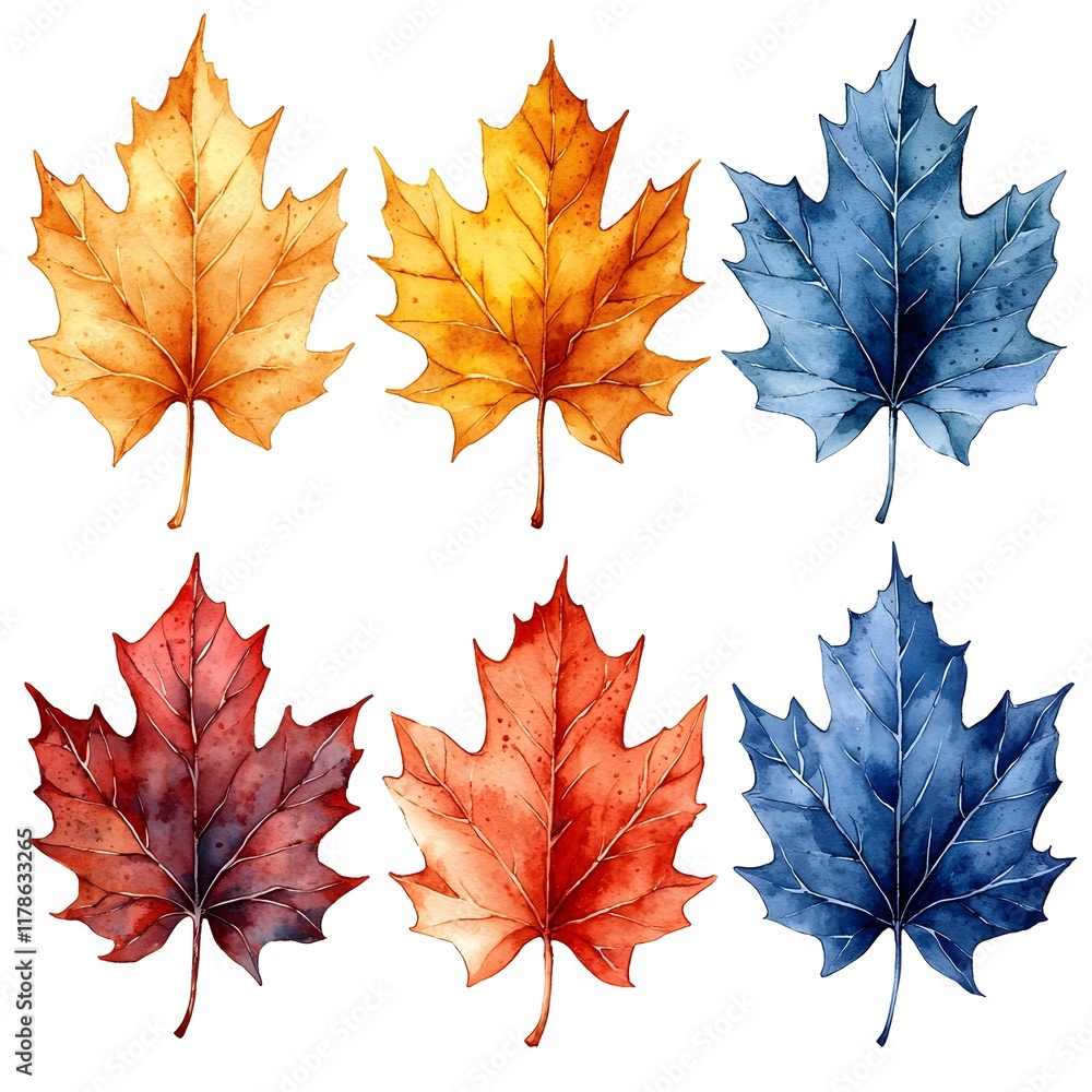 Vibrant Watercolor Maple Leaf Set with Warm Autumn Splashes on White Background Vibrant Watercolor Maple Leaf Set with Warm Autumn Splashes on White Background