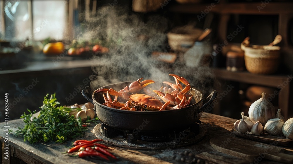 A rustic kitchen scene featuring a steaming pot of crabs being prepared, with fresh ingredients like garlic, chili, and herbs displayed on the countertop, capturing the cooking process. A rustic kitchen scene featuring a steaming pot of crabs being prepared, with fresh ingredients like garlic, chili, and herbs displayed on the countertop, capturing the cooking process.