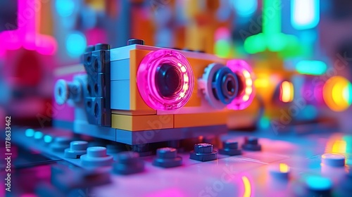 Robot toy, neon lights, close-up, futuristic factory