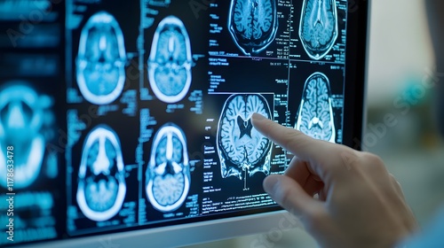 Close-up view of a digital brain tomography scan displayed on a medical radiology monitor,used by doctors and professionals for neurological examination,diagnosis.
