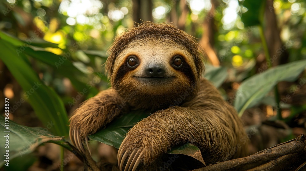 Fototapeta premium A cute sloth resting on a leaf in a lush green forest.
