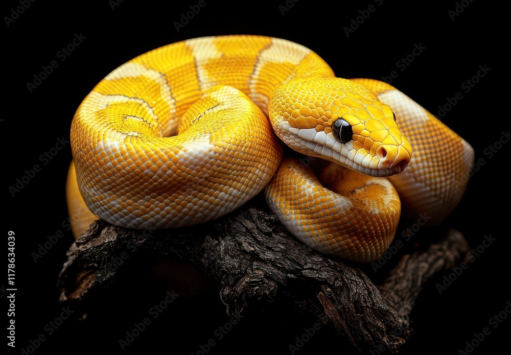 Fototapeta premium Captivating Yellow Python Coiled Elegantly on Branch Against Black Background Showcasing Vibrant Coloration and Unique Patterns for Nature Photography