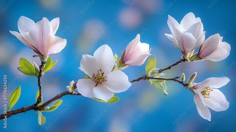 Spring magnolia blossoms, close-up, blue background, nature. Spring magnolia blossoms, close-up, blue background, nature.