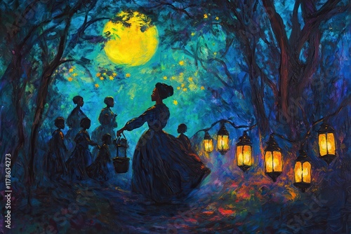 A vibrant painting of Harriet Tubman leading a group through the forest at night, illuminated by the moon and surrounded by symbols of hope like lanterns and stars.