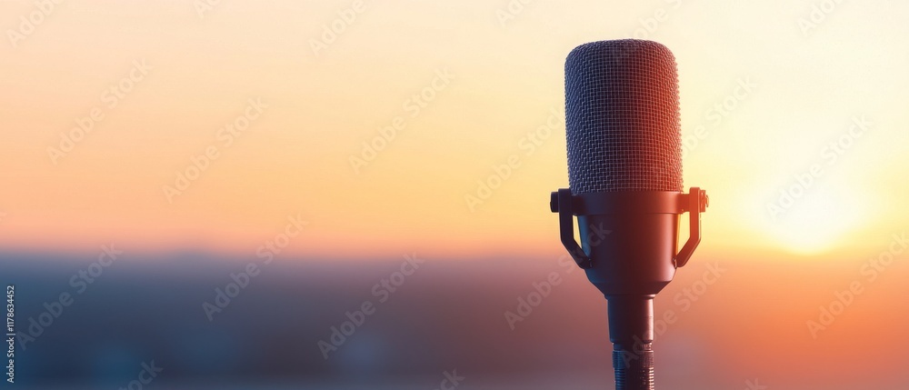 Obraz premium Microphone against a vibrant sunset, symbolizing music and communication. sound vlog recording studio