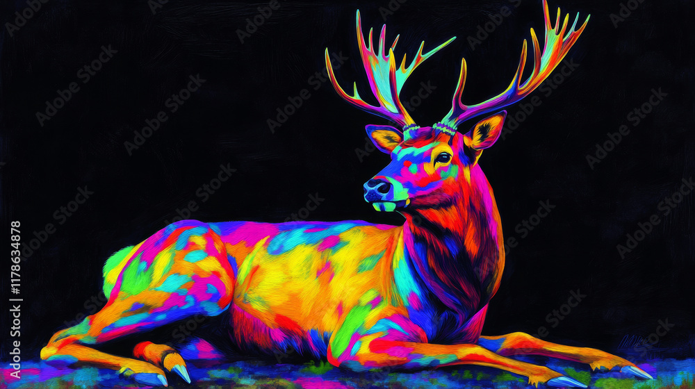 Fototapeta premium beautiful, A full-body shot of an elk, sitting on the ground, with vibrant colors, bold lines, and flat areas of color, painted in a modern abstract style.