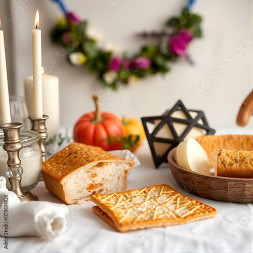 Jewish Passover holiday still life with matzoh and kippah on whi photo