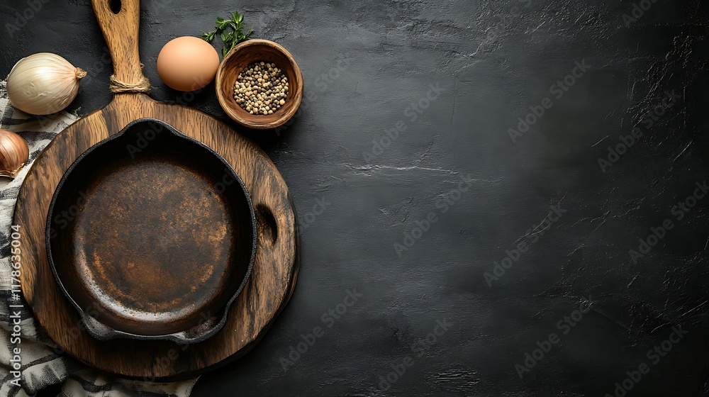 Empty cast iron skillet on wooden board, eggs, onions, spices; dark background; food recipe mockup. Empty cast iron skillet on wooden board, eggs, onions, spices; dark background; food recipe mockup.