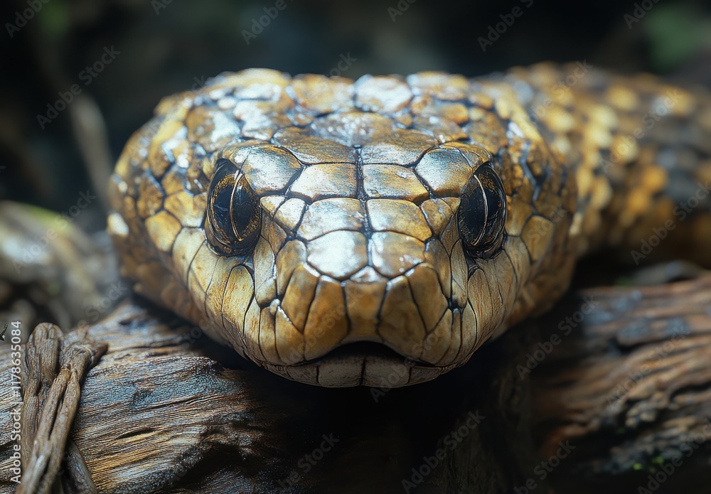 Close-Up of a Beautifully Textured Snake Head Displaying Intricate Details on Scales with Captivating Eyes, Set Against a Natural Background with Soft Lighting Close-Up of a Beautifully Textured Snake Head Displaying Intricate Details on Scales with Captivating Eyes, Set Against a Natural Background with Soft Lighting