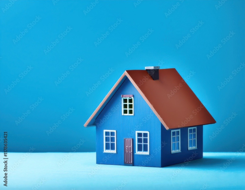 blue house mock up, real estate concept, blue background blue house mock up, real estate concept, blue background