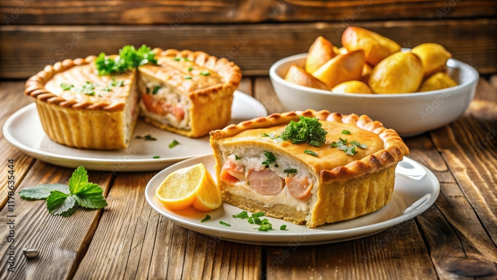 Savory salmon pie: flaky pastry, creamy fish, and crispy golden wedges. Savory salmon pie: flaky pastry, creamy fish, and crispy golden wedges.
