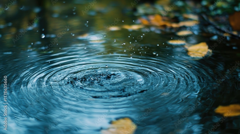 Beautiful blue water with rain drops falling, creating concentric ripples, evoking a tranquil and serene moment in nature photography Beautiful blue water with rain drops falling, creating concentric ripples, evoking a tranquil and serene moment in nature photography