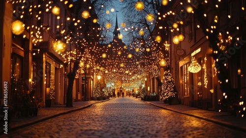 Beautiful Christmas lights in the evening near St. Mary's Church in Celle, Germany, casting a warm and festive glow on the charming streets of this historic town