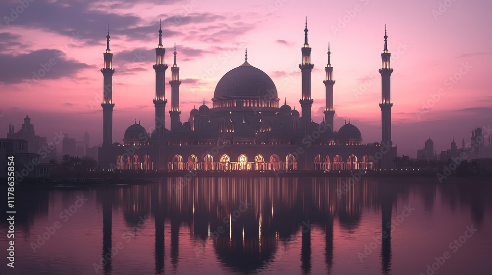 Obraz premium Majestic white mosque at sunset with golden domes and open courtyard