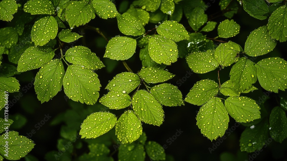 Beautiful dark nature scene with water droplets on green leaves, creating a peaceful and refreshing atmosphere for nature-inspired photo shoots Beautiful dark nature scene with water droplets on green leaves, creating a peaceful and refreshing atmosphere for nature-inspired photo shoots