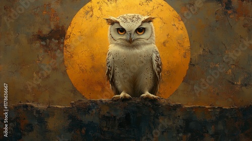 Majestic owl perched on a textured surface before a large, golden orb. photo