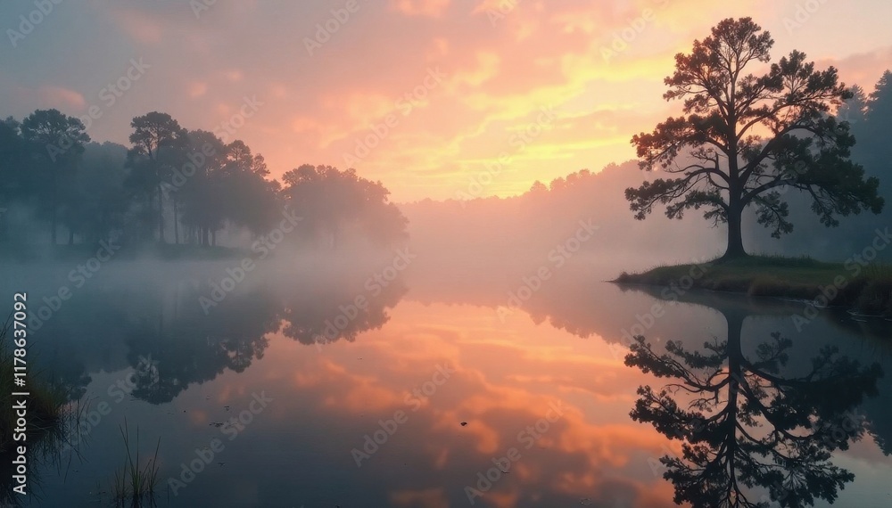 Obraz premium Misty dawn, still pond reflects fog-shrouded trees, reflection, outdoor, tranquil