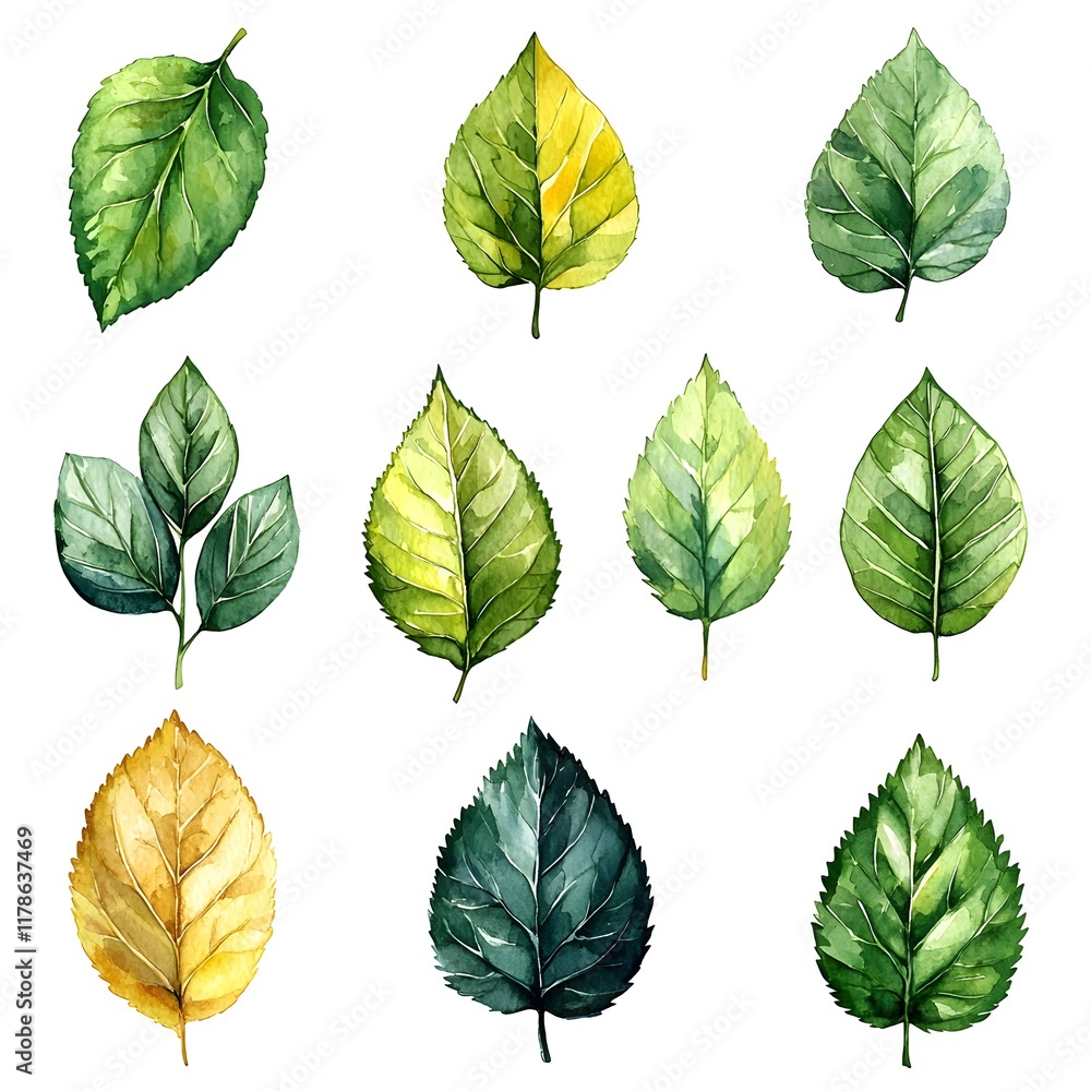 Fototapeta premium Vibrant Watercolor Leaf Set in Fresh Spring Greens and Yellows with Hints of Budding Flowers on White Background