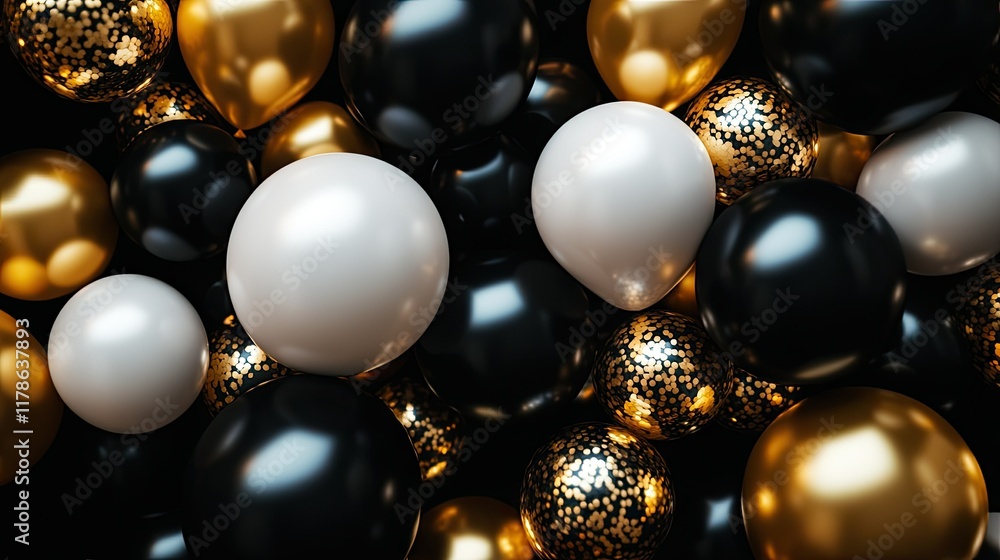 Black, gold, and white balloons beautifully arranged on a dark background, ideal for Black Friday promotions or upscale event decorations. Black, gold, and white balloons beautifully arranged on a dark background, ideal for Black Friday promotions or upscale event decorations.