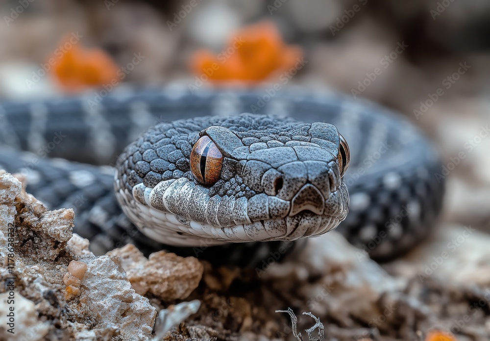 Fototapeta premium Close-Up of a Striking Snake with Intricate Scales and Vibrant Eyes Resting on Rocky Ground Surrounded by Natural Flora in a Desert Environment