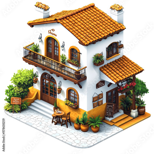 Charming Spanish-Style Cafe: Isometric Illustration of a Mediterranean House with Balcony, Plants, and Cozy Patio photo