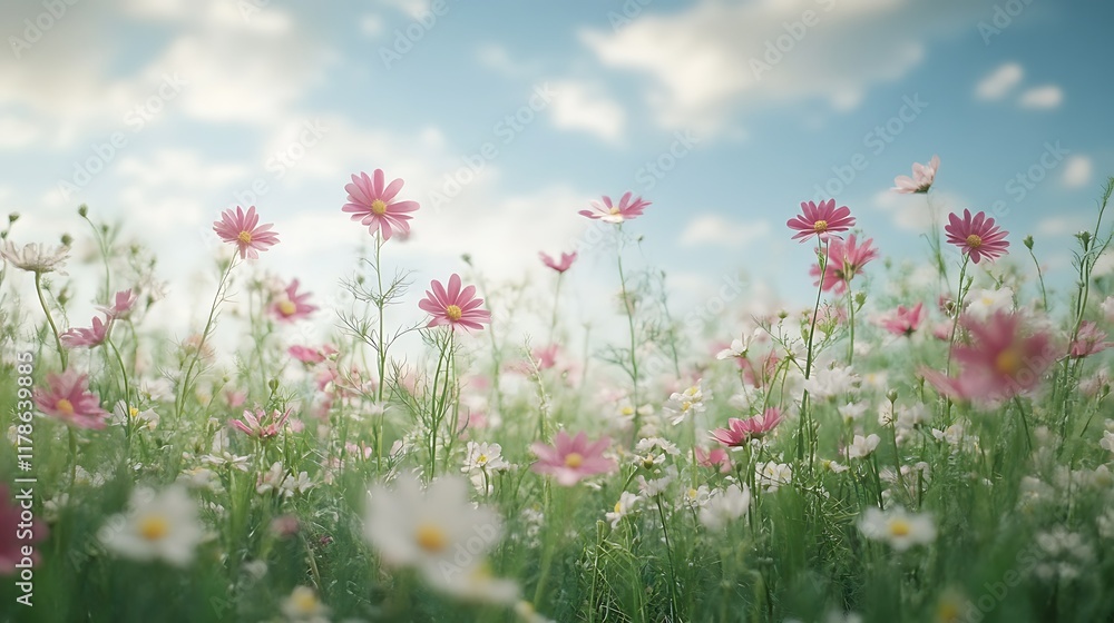 Pink cosmos flowers field, sunny day, nature background, spring. Pink cosmos flowers field, sunny day, nature background, spring.