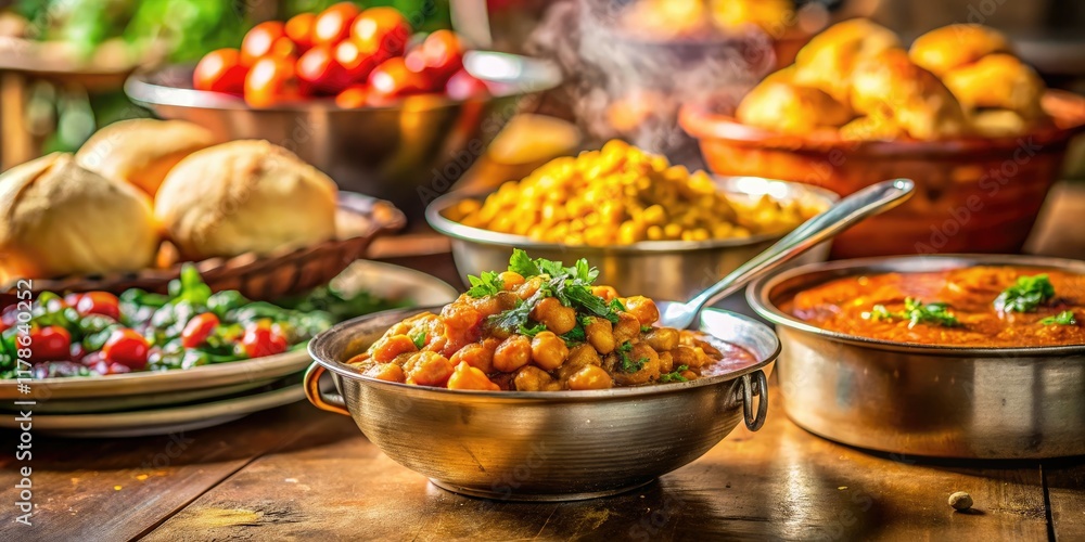 Obraz premium Tilt-shift photography transforms Chana Masala, Puri, and Chole into a delectable miniature Indian spread.