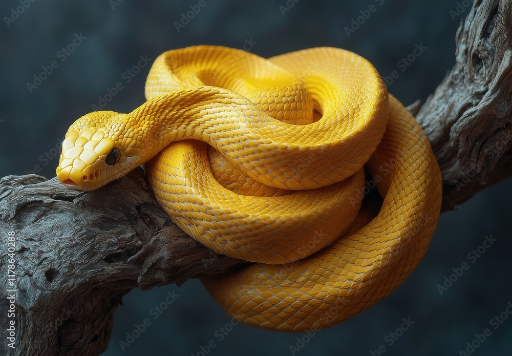 Fototapeta premium Close-Up of Vibrant Yellow Snake Wrapped Around Branch, Showcasing Beautiful Scales and Intricate Details in Natural Habitat with Soft Lighting