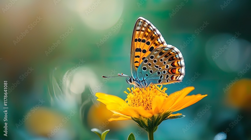 Obraz premium Colorful butterfly perched on a vibrant yellow flower in a garden, showcasing intricate wing details and bokeh background.