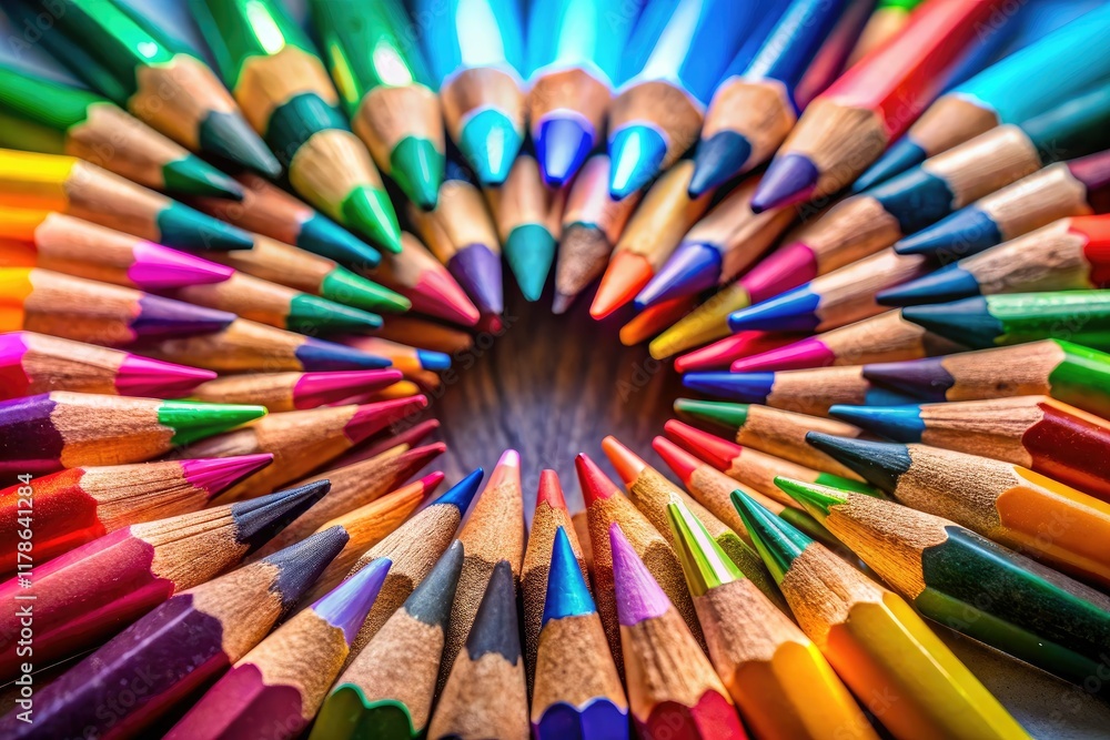 Vibrant bokeh of sharpened colored pencils creates an artistic, abstract photographic background. Vibrant bokeh of sharpened colored pencils creates an artistic, abstract photographic background.