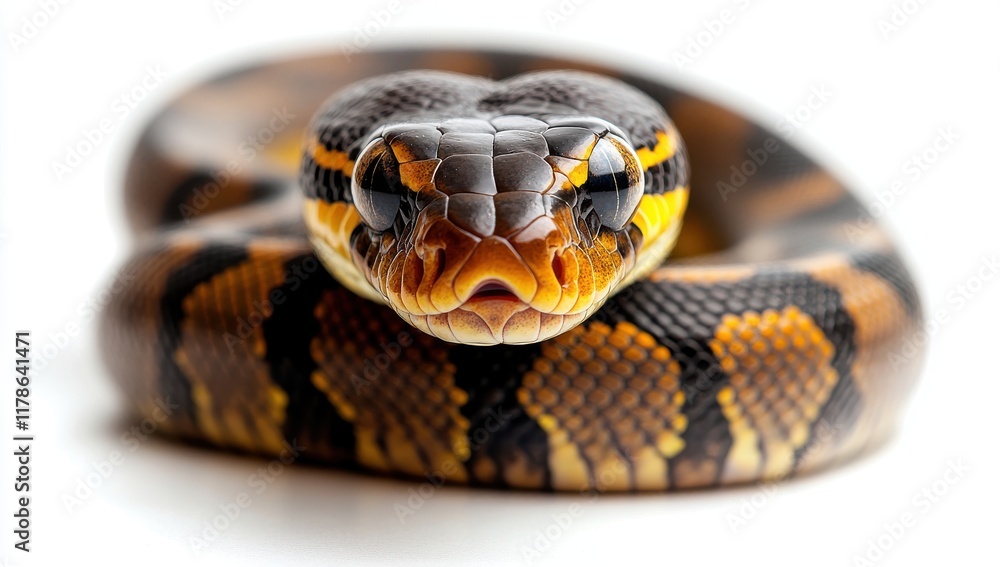 Obraz premium Close-up View of a Colorful Ball Python Captured in Stunning Detail, Highlighting Its Intricate Scales and Striking Facial Features on a Neutral Background