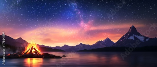A serene night scene featuring a glowing campfire beside a calm lake, surrounded by mountains and illuminated by a starry sky.