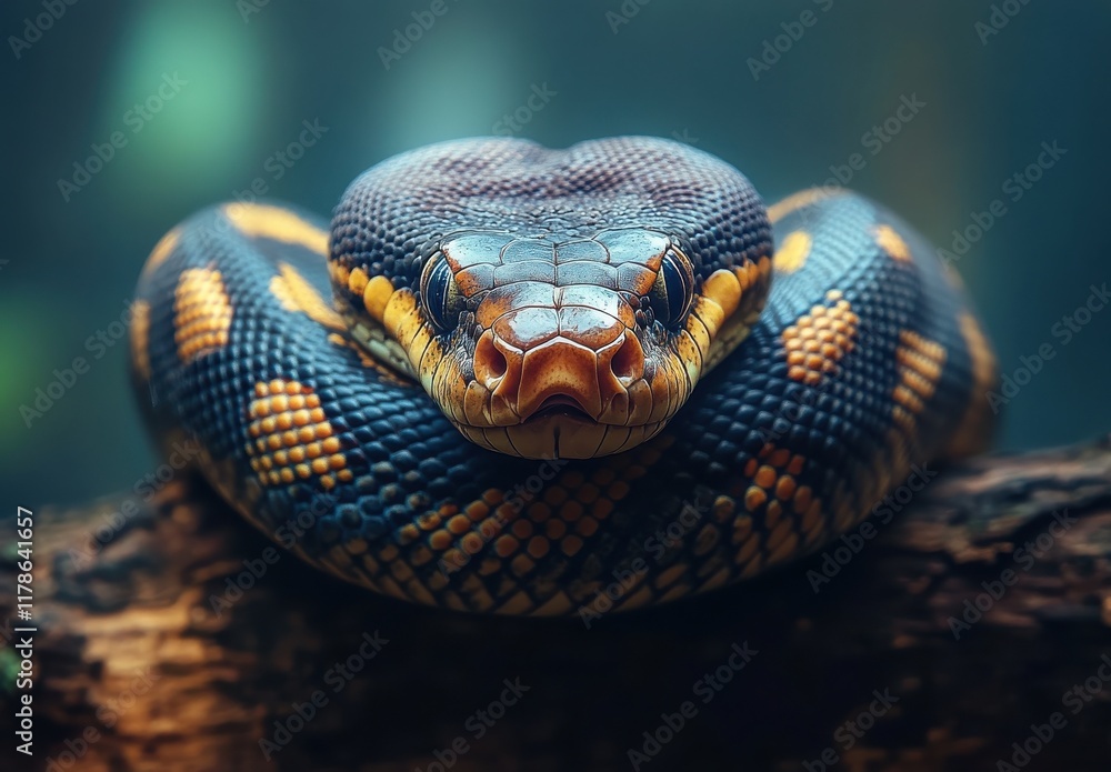 Obraz premium Close-up View of a Colorful Snake Resting on a Branch in a Natural Habitat, Showcasing Unique Patterns and Textures of Scales Against a Soft Background