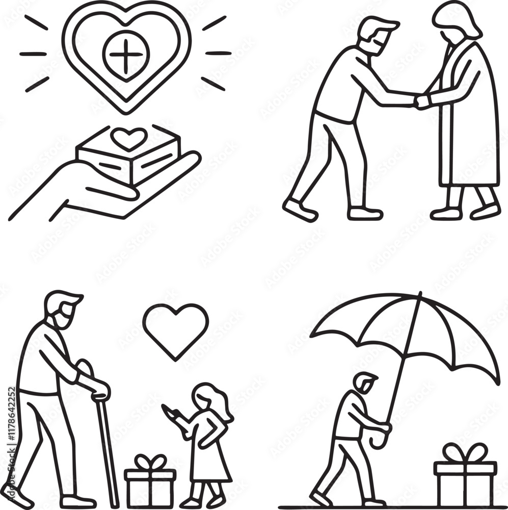 Love, friendship, care and charity concept editable stroke outline icons set isolated on white background flat vector illustration. Love, friendship, care and charity concept editable stroke outline icons set isolated on white background flat vector illustration.