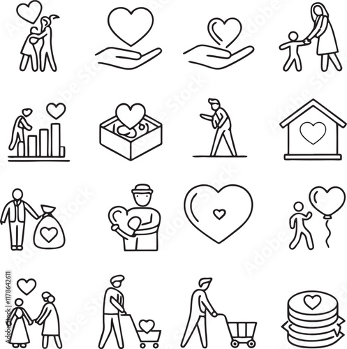 Love, friendship, care and charity concept editable stroke outline icons  set isolated on white background flat vector illustration.