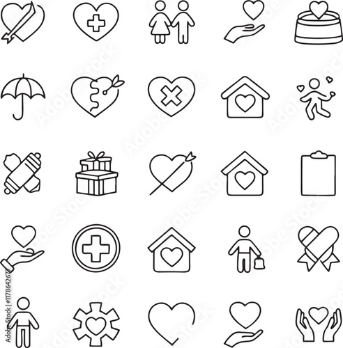 Love, friendship, care and charity concept editable stroke outline icons  set isolated on white background flat vector illustration.