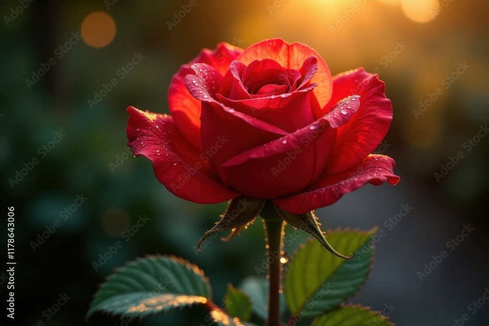 Obraz premium Red rose with dew drops, glowing intensely in sunlight, red rose, macro, sunrise