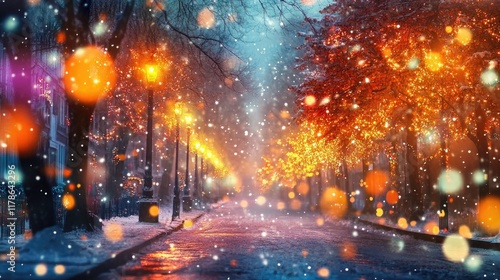 Christmas Eve in a snowy city street, with bright trees casting a warm glow and blurred holiday lights creating a dreamy, abstract winter background