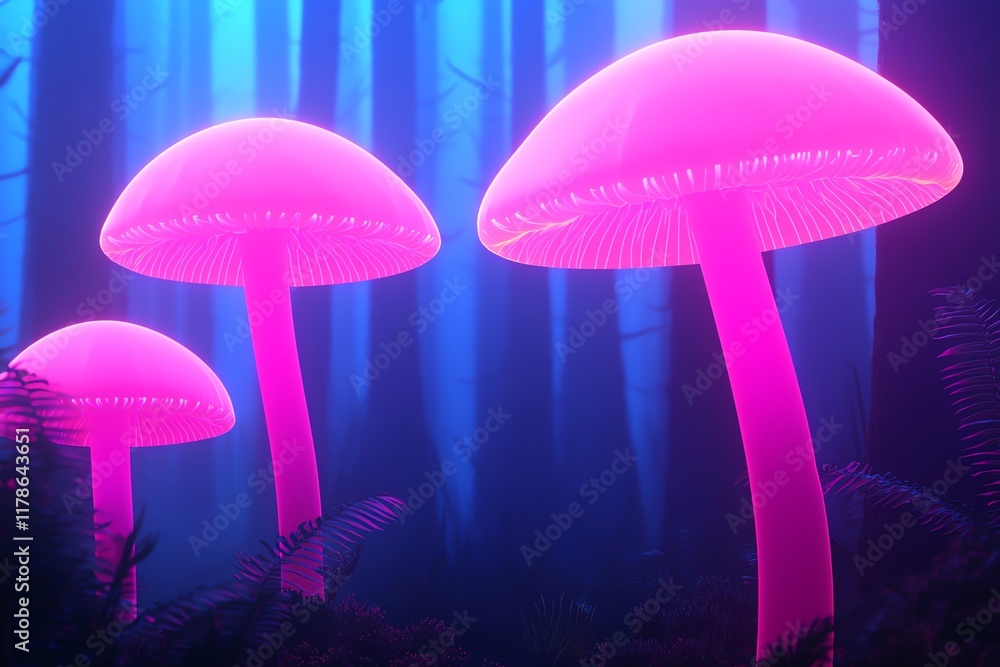 Fototapeta premium Ethereal pink mushrooms glow amidst a mystical forest, creating a surreal atmosphere with vibrant colors and enchanting hues.