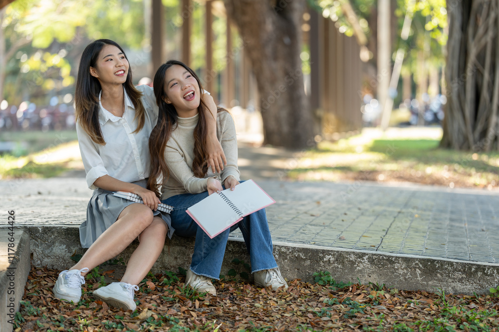 Two happy asian university students are reviewing their notes and laughing together while sitting on a low wall in a campus park, enjoying the pleasant weather and each other's company Two happy asian university students are reviewing their notes and laughing together while sitting on a low wall in a campus park, enjoying the pleasant weather and each other's company